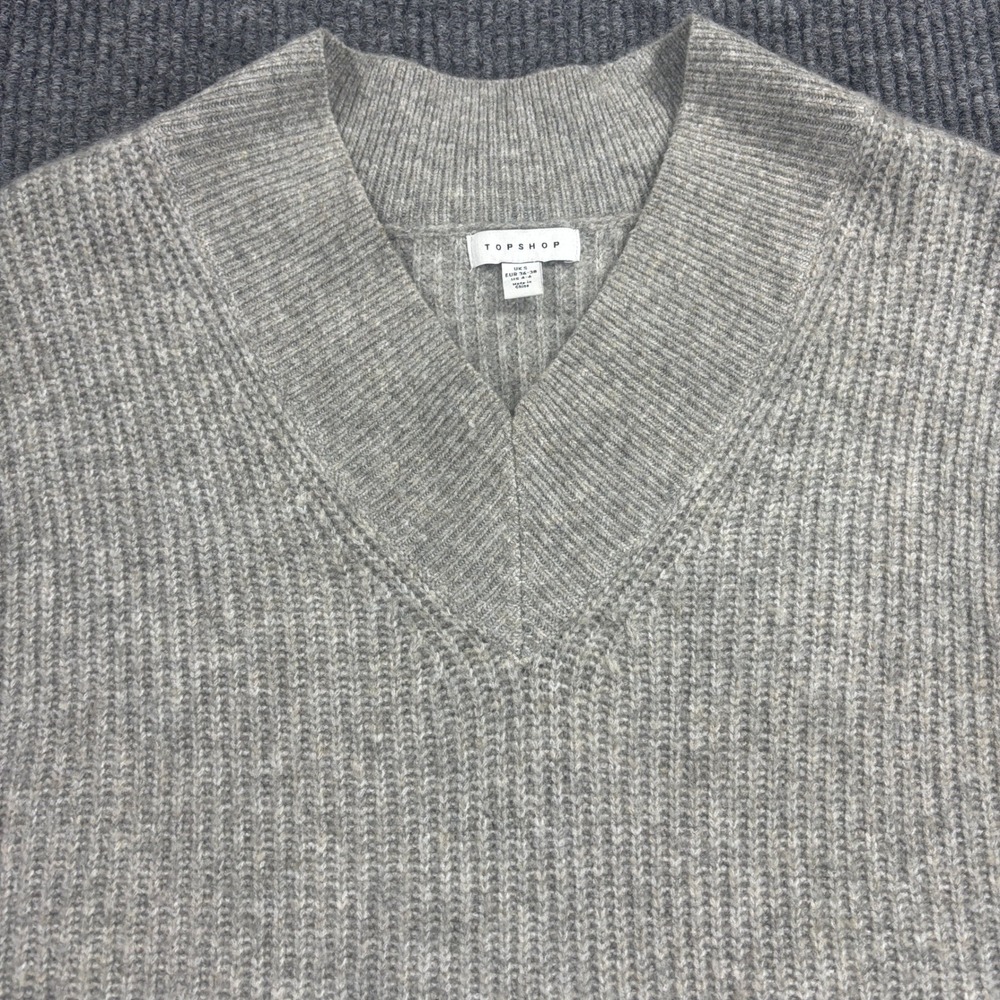 Topshop Sweater‎ Women Size S Grey Ribbed V-Neck Tunic Knit Longline 0762
